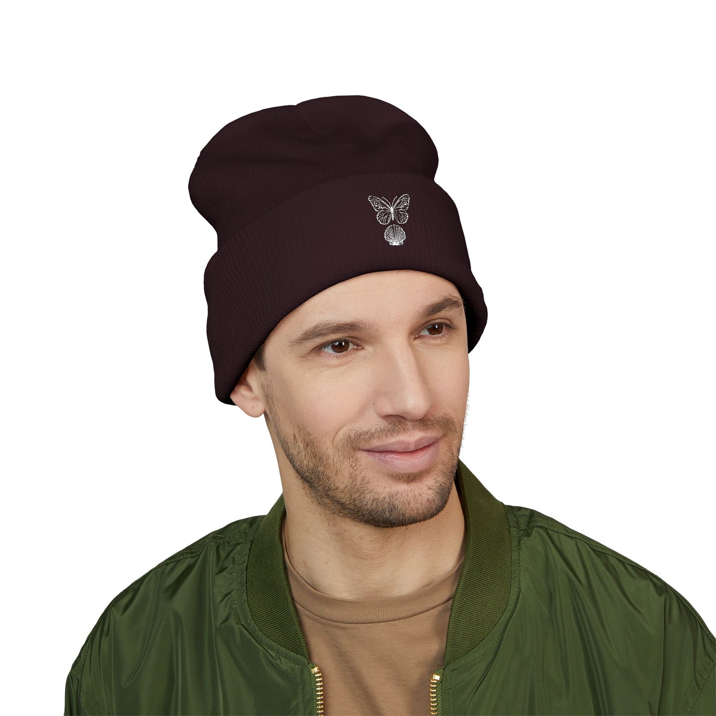 Brown Embroidered Classic Cuffed Beanie