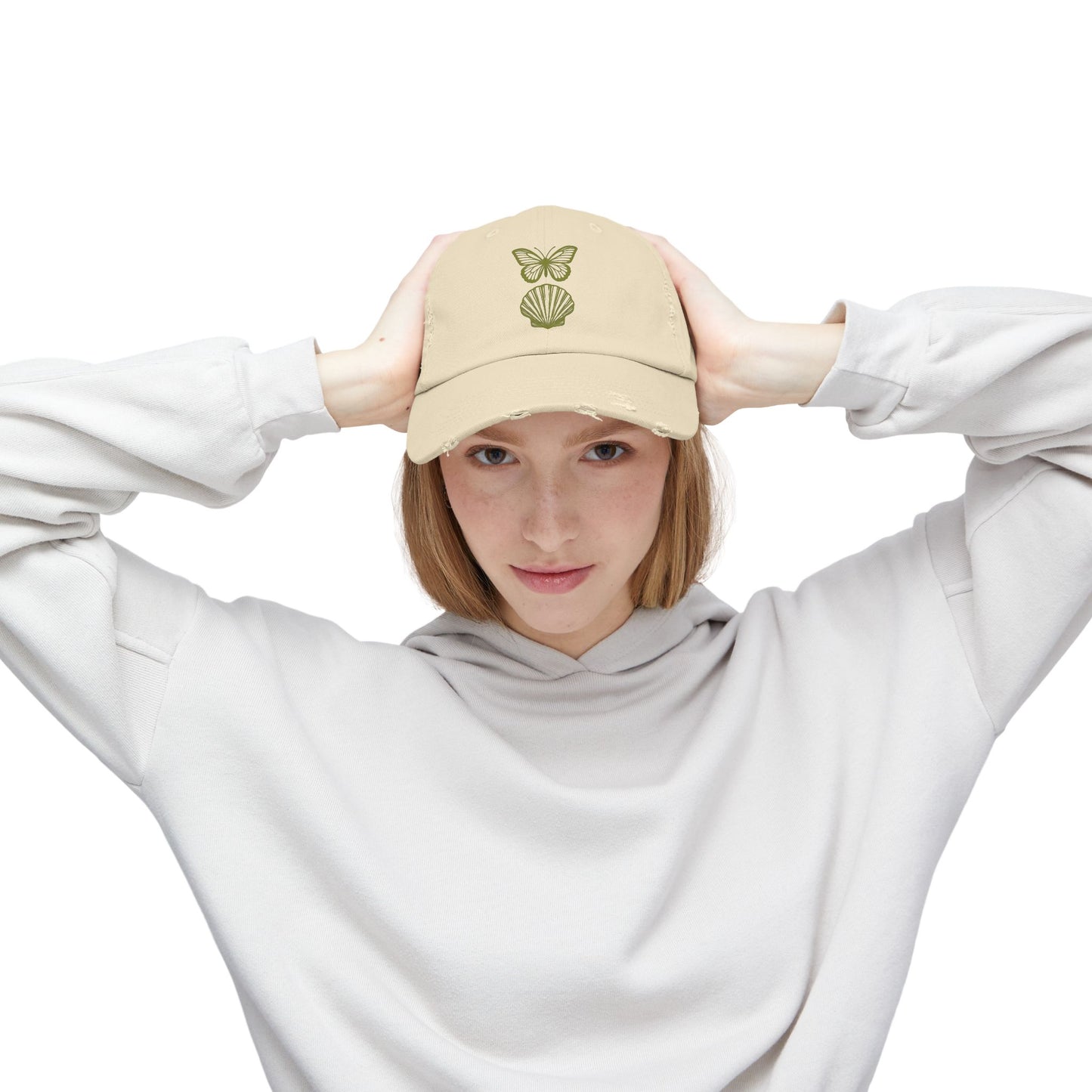 Distressed Cap with Butterfly and Shell Design
