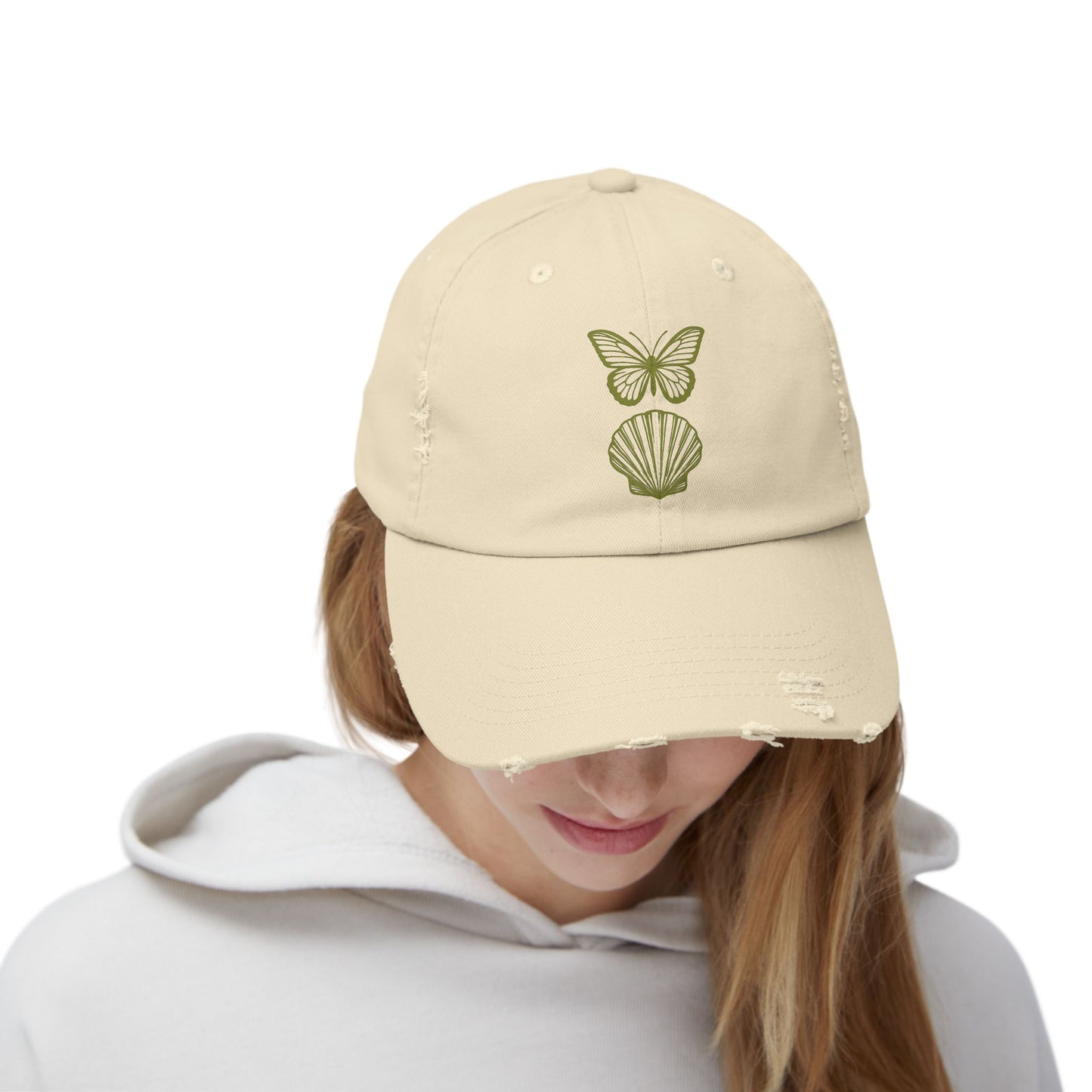 Distressed Cap with Butterfly and Shell Design