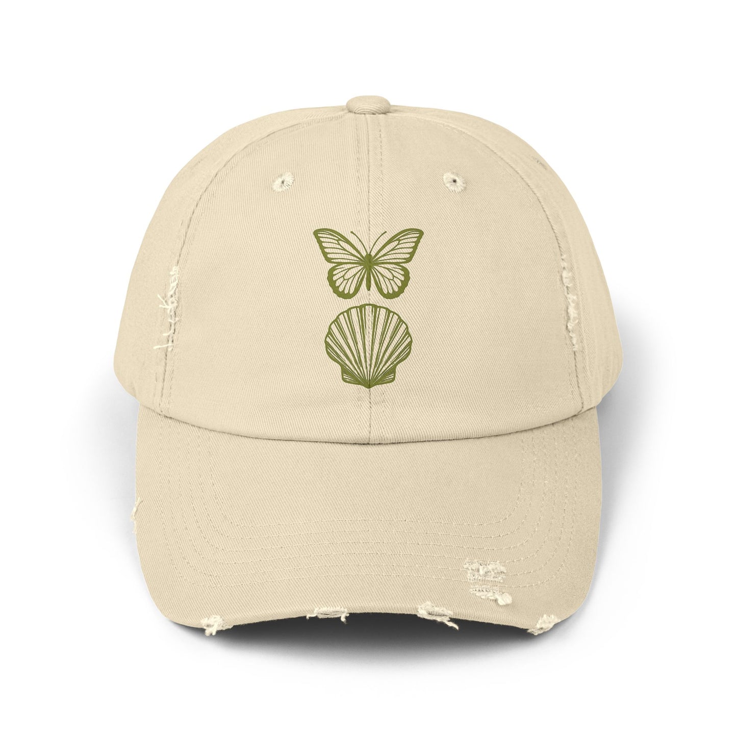 Distressed Cap with Butterfly and Shell Design
