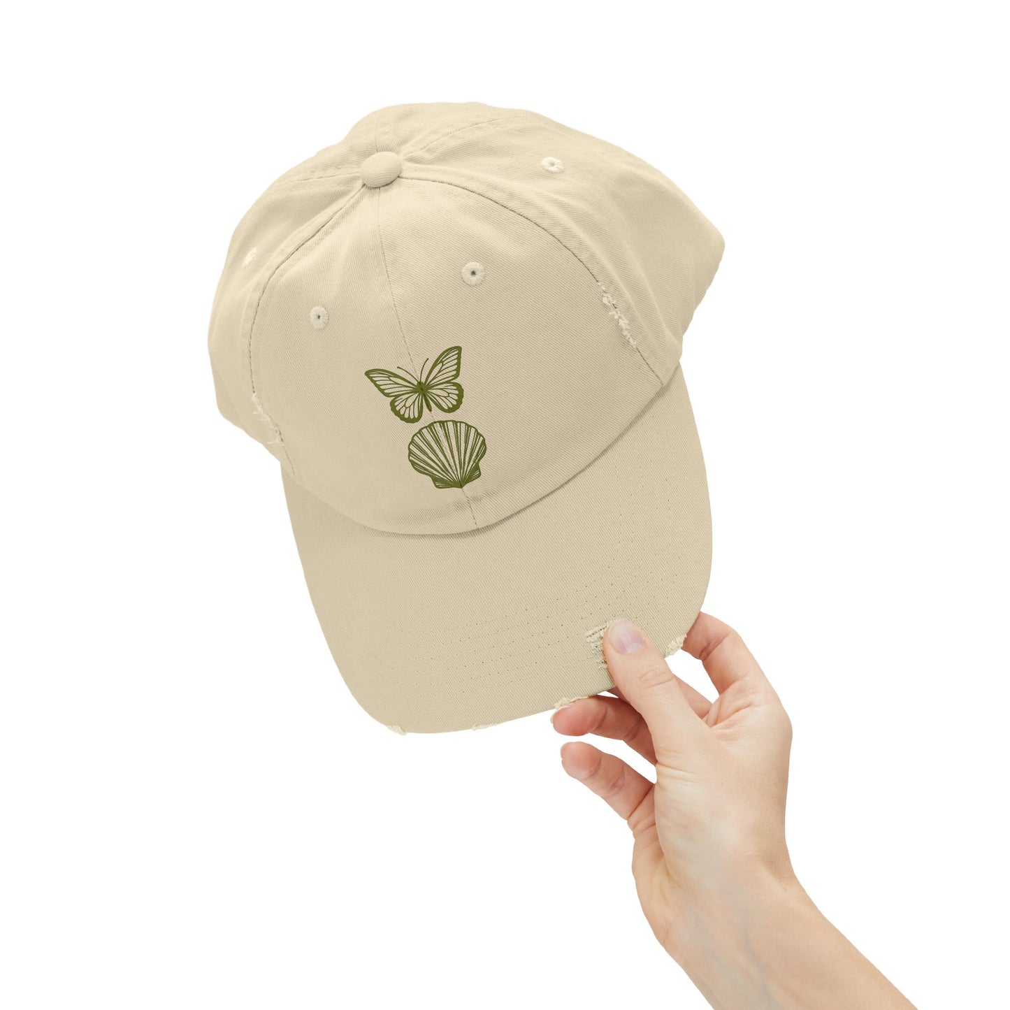Distressed Cap with Butterfly and Shell Design