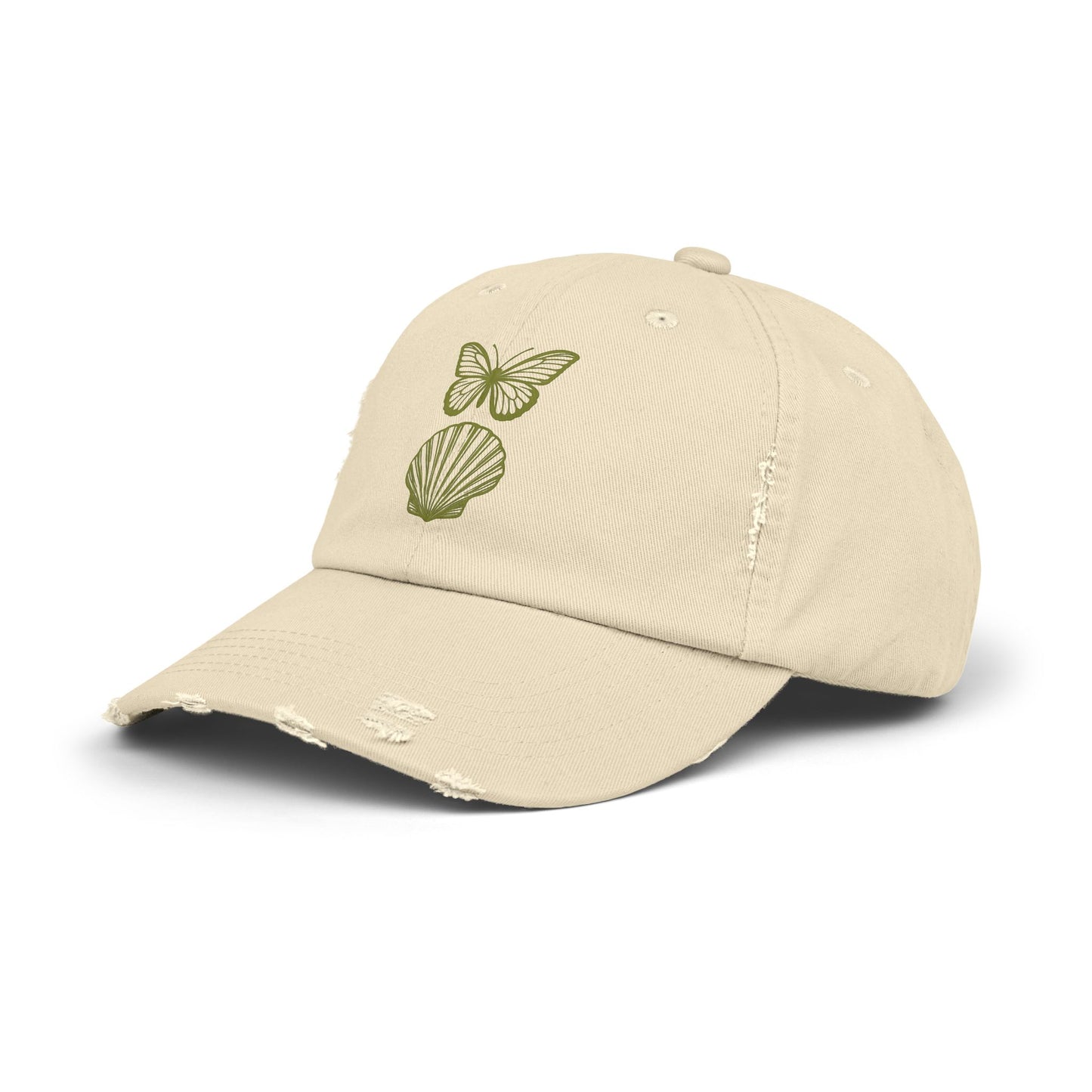 Distressed Cap with Butterfly and Shell Design
